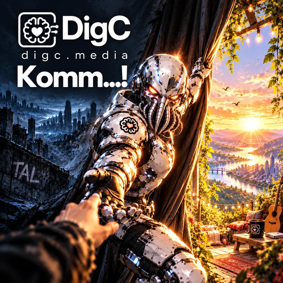Cover „Komm...!“: Glocktopus in weißer Rüstung reicht die Hand durch einen Vorhang