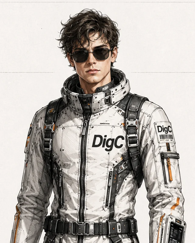 Felipe als Comicfigur: junger Mann mit dunklen, zerzausten Haaren und Sonnenbrille in einem weißen Raumanzug mit DigC-Schriftzug