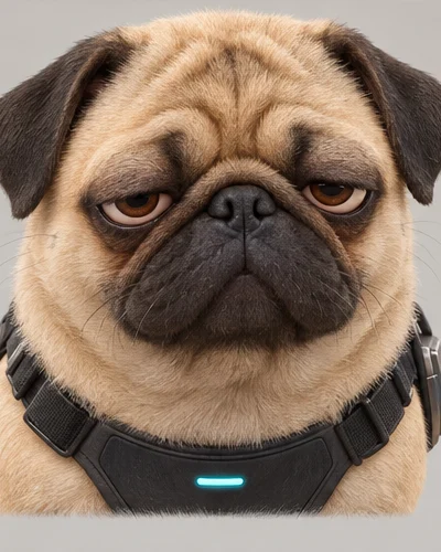 Hugo, ein sandfarbener Mops mit dunkler Schnauze, müdem Blick und dunklem Cybergeschirr