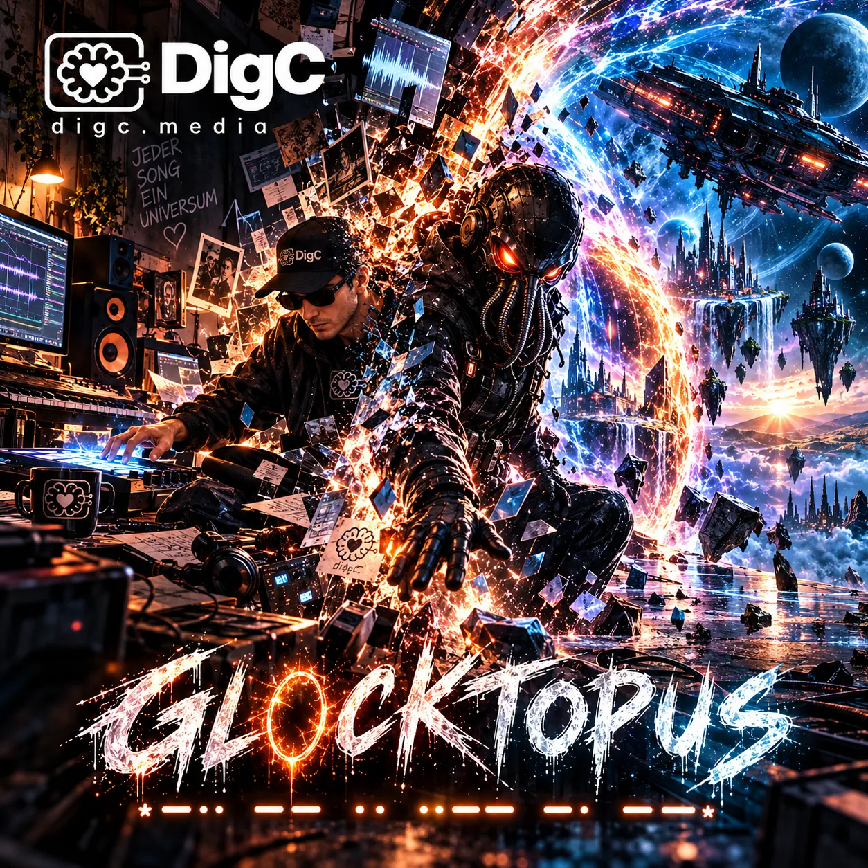 DigC am Mischpult verwandelt sich in Glocktopus, dahinter ein Portal