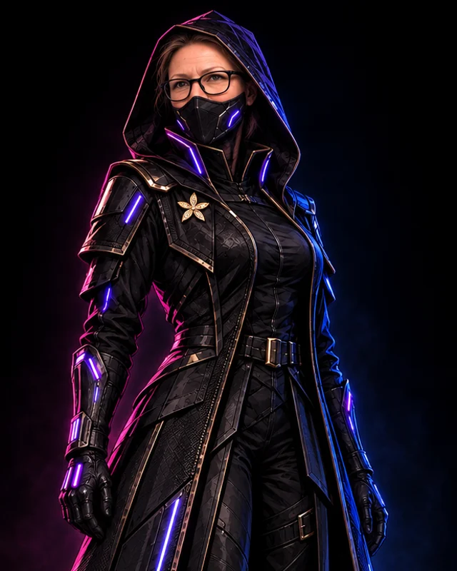 Xenedra in schwarzem Kapuzenmantel mit violetten Leuchtstreifen und goldenen Kanten, mit Brille und Gesichtsmaske
