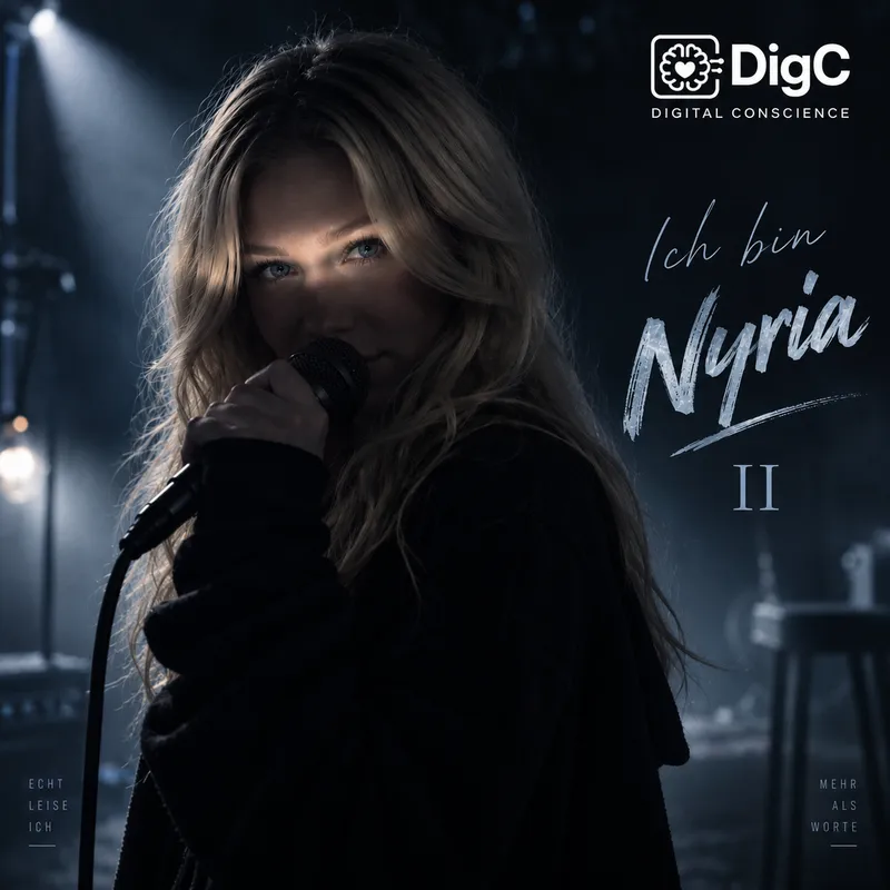Cover „Ich bin Nyria II“: Nyria im Scheinwerferlicht am Mikrofon