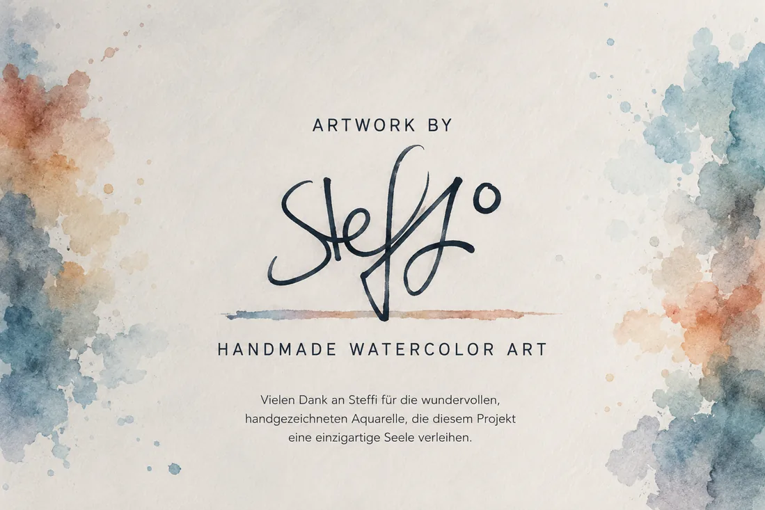 Creditkarte „Artwork by Steffi – Handmade Watercolor Art“ mit Aquarellrändern in Blau und Rostrot