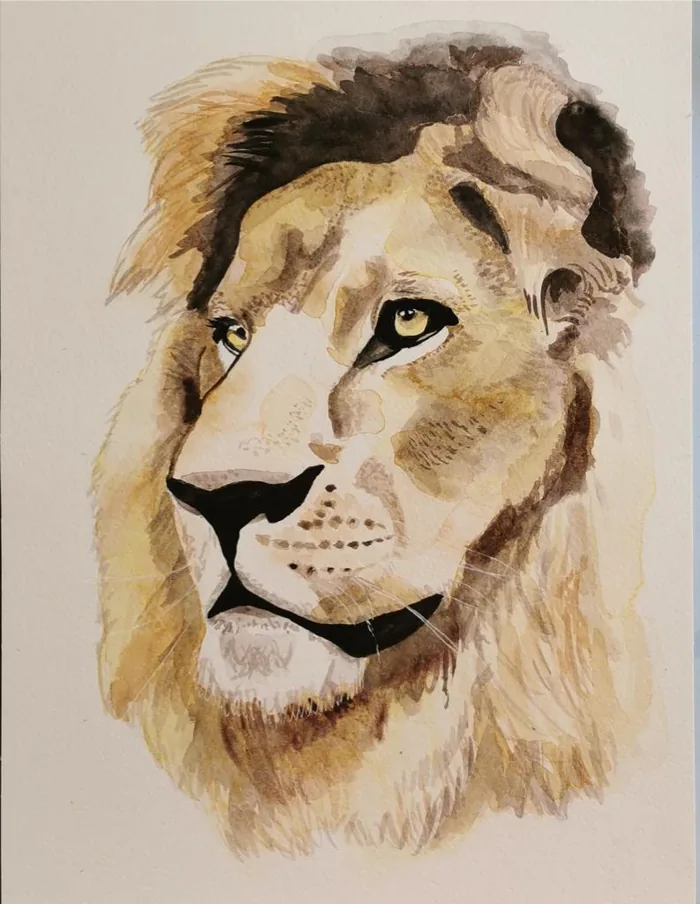Aquarell „Löwe“: Löwenkopf in Beige, Ocker und Braun