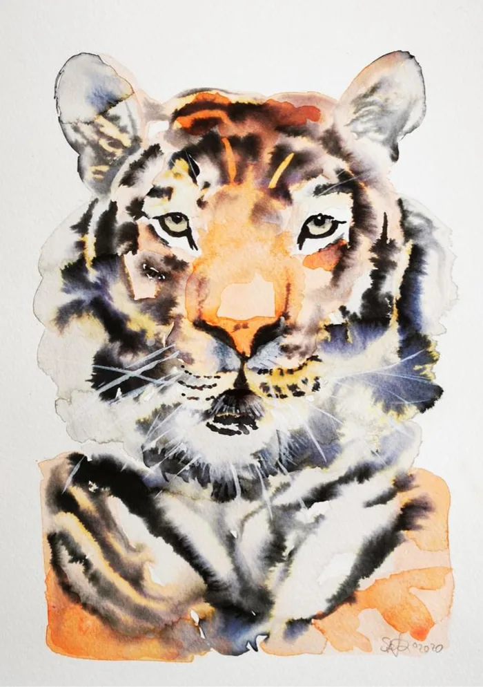 Aquarell „Tiger“: frontaler Tigerkopf in Orange und Schwarz