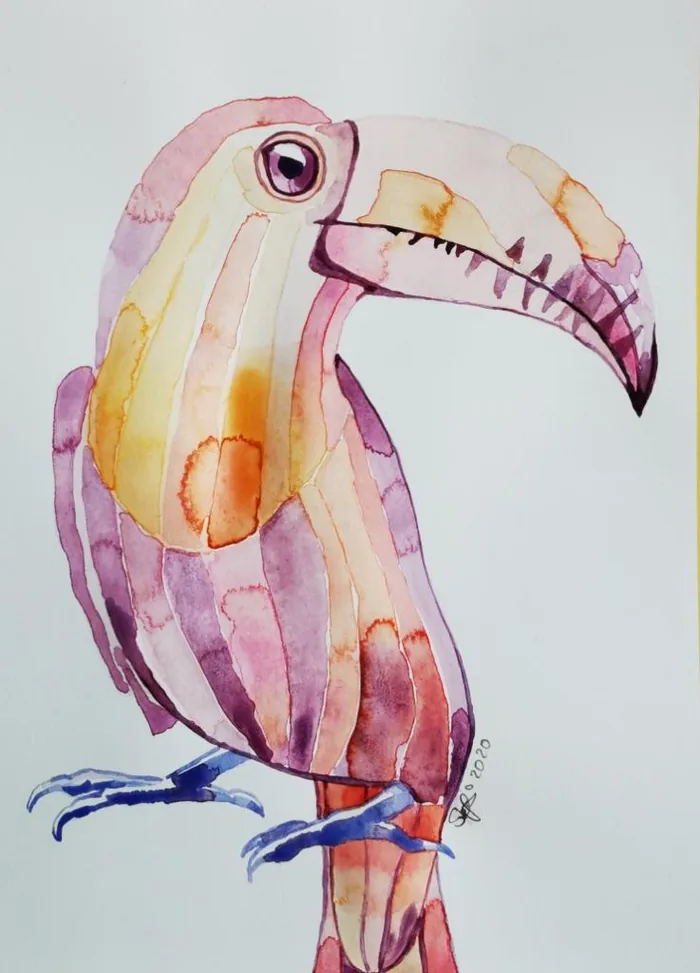 Aquarell „Tukan“ in Rosa, Violett und Gelb