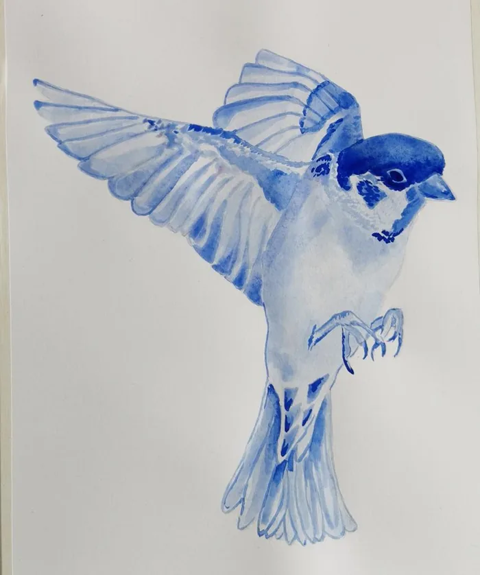 Aquarell „Vogel im Flug“ ganz in Blau