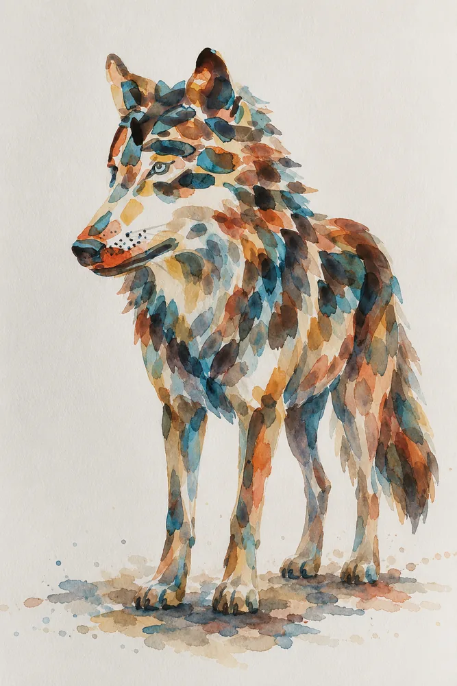 Bildvariante: der Wolf als stehende Ganzkörperfigur in denselben Farben
