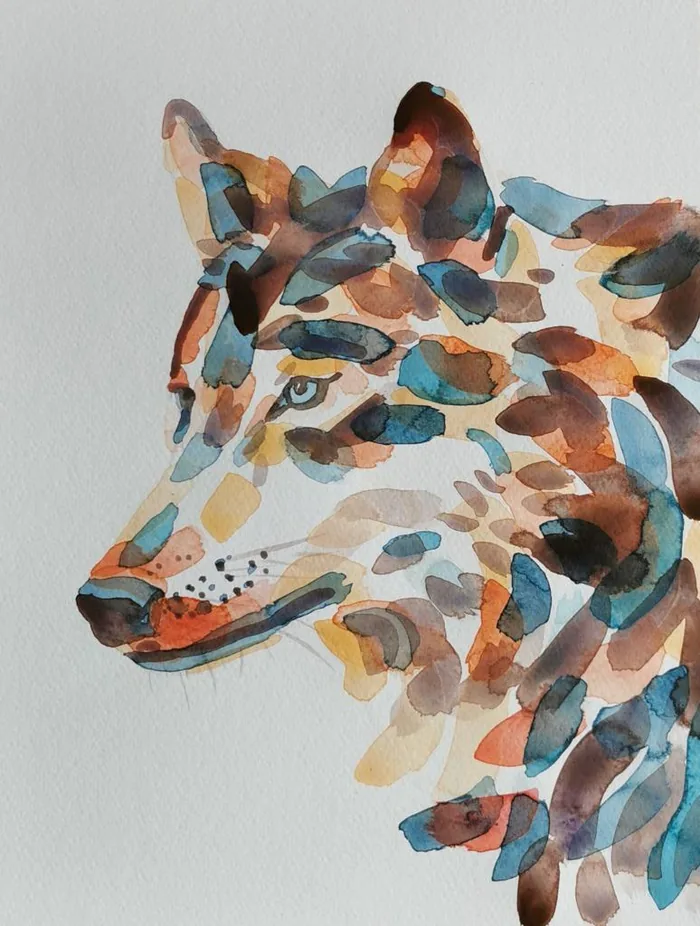 Aquarell „Wolf“: Wolfskopf im Profil aus Flächen in Türkis, Blau, Ocker und Rostrot